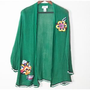 Peck & Peck Womens Green Embroidered Open Knit Cardigan L Cottagecore